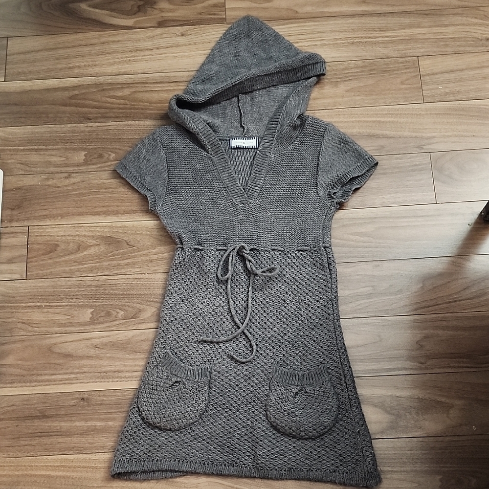 Gray Knit Hooded Mini Dress with Tie Waist